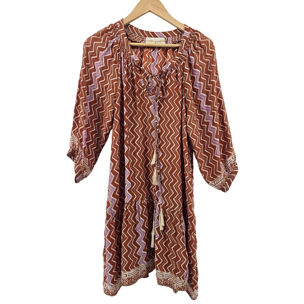 Natalie Martin Dress Womens Medium Rust Purple Zig Zag Silk Boho Tassel Tie Neck